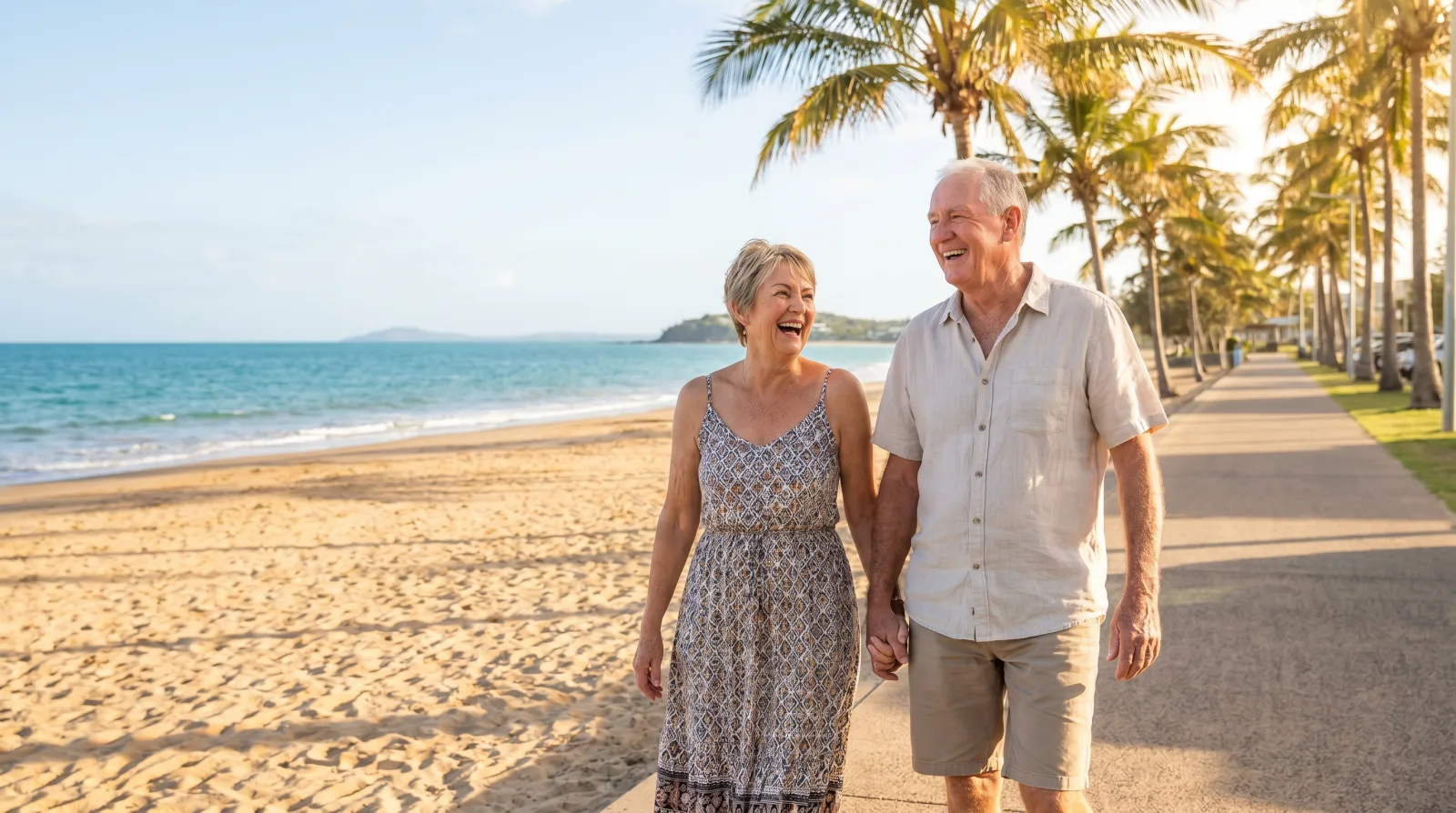 An older couple enjoying the beachfront esplanade at Yeppoon on the Capricorn Coast